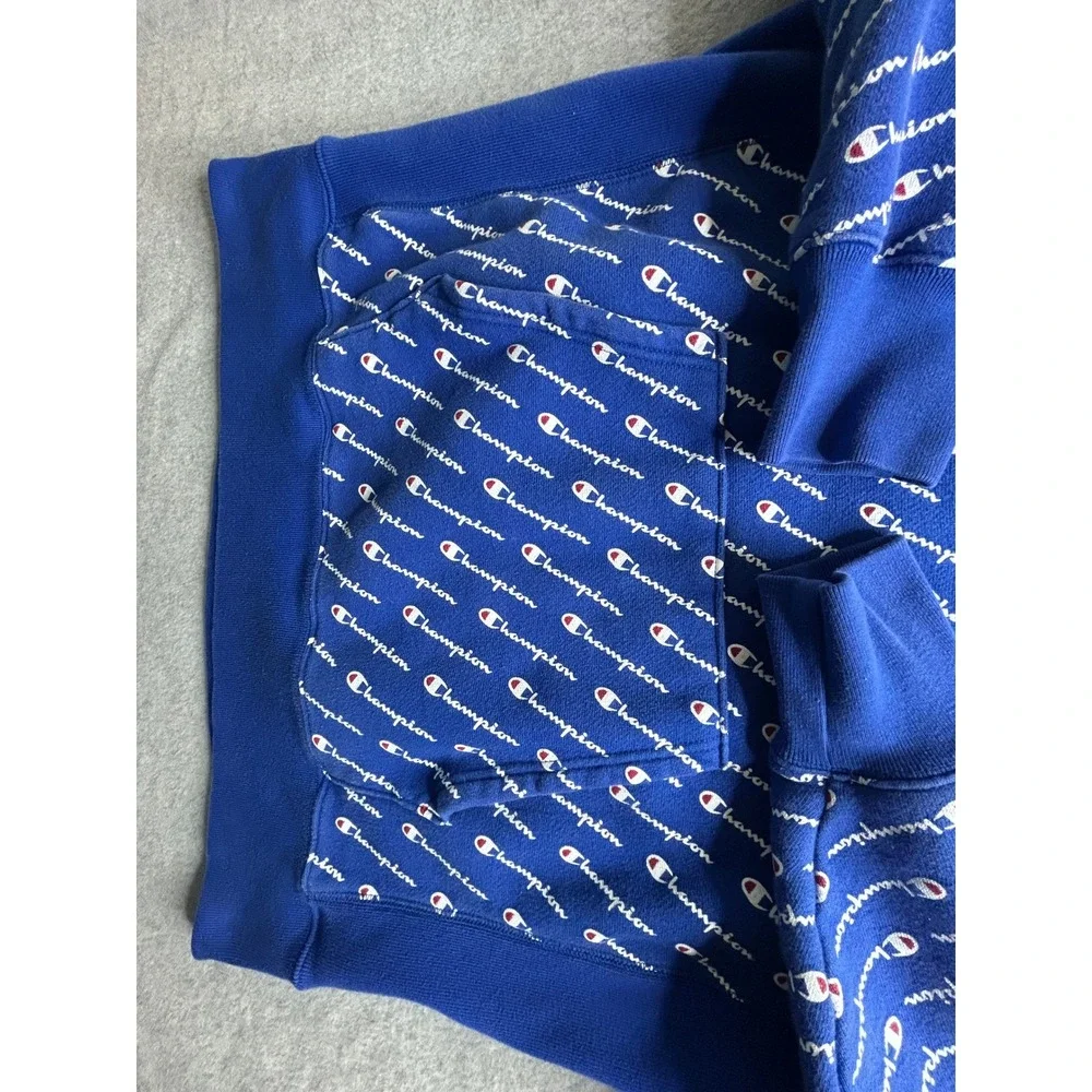 Champion Reverse Weave Hoodie Royal Blue All Over Script Logo Print Mens Large